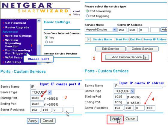 4.2.7, DDNS Setting Port forwarding If visit IP Camera from WAN, you must do port forwarding on the router. Take Netgear router for example.