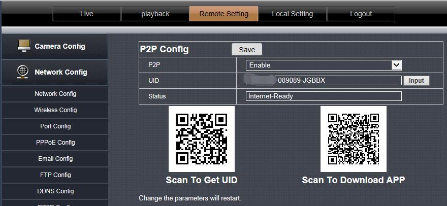 This page shows the camera's P2P ID. The user can scan the app's QR code of the page and download the mobile phone APP. Then use the APP scan UID QR code to add a camera remote preview. 4.