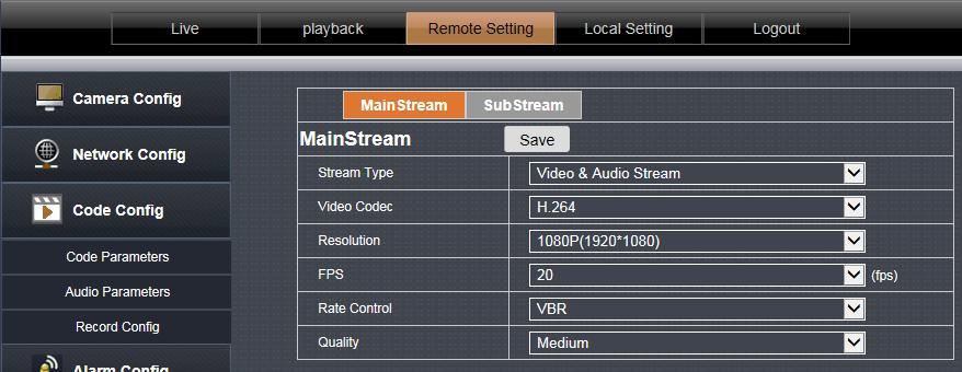 Code stream type: select [video stream] and [composite stream], [composite stream] contains video stream and audio stream. Video encoding: The code stream can be set to H.264, MPEG4, MJPEG and H.
