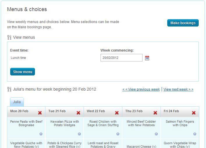View menus Event time: defaults to lunch time Week commencing: choose the week to view
