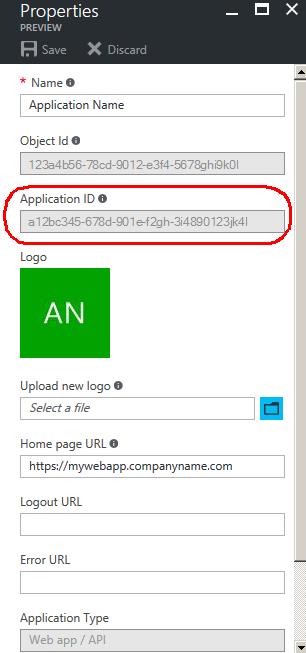 4. On the Properties pane, copy the Application ID and use it