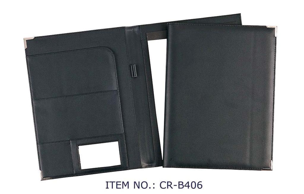 Item Number: CR-B406 Product Name: File Holder/Folder Size: 25 x 32 x 1.5 cm Material: Imitative Leather With two metal corners.
