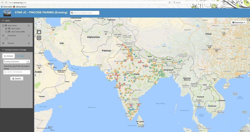 Map Visualization This application shows existing customer coverage based on pincodes for each for JC across India along with number of customers and