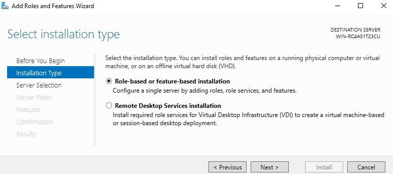 APPENDIX A On the Select installation type window, leave Role-based or feature-based installation selected and click Next.
