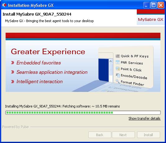 DOWNLOAD ADDITIONAL SYSTEM FILES The download begins, and a progress bar appears. When the download completes, MySabre GX starts.