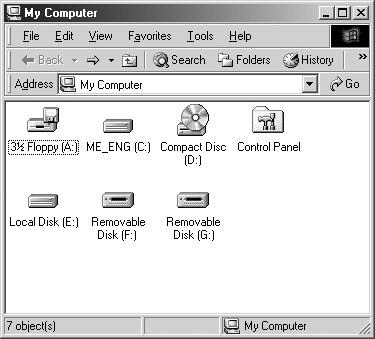 In the My Computer window, the Memory Stick, CompactFlash card, and internal hard disk of the unit appear as follows.