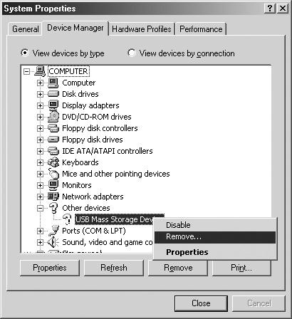 2 On the [Device Manager] tab, make sure that USB Mass Storage Device is displayed as a. If it is, right-click it and click [Remove] on the shortcut menu that appears.