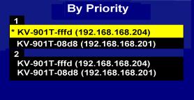 >First Available >By Priority >Dedicated >EXIT 3.3.5.1 First Available: This function sets the AV-901R to connect to the first available KV-901T which it found first. 3.3.5.2 By Priority: This function sets the AV-901R to connect to the KV-901T according to the priority.