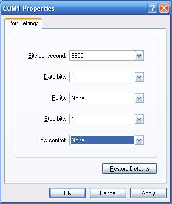 3. When the following screen appears, make sure that the COM port should be configured as: Baud: 9600