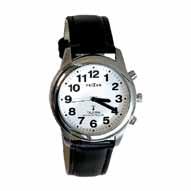 Black leather band with stainless steel case. 1¼ inch diameter face with bold black numbers and hands.