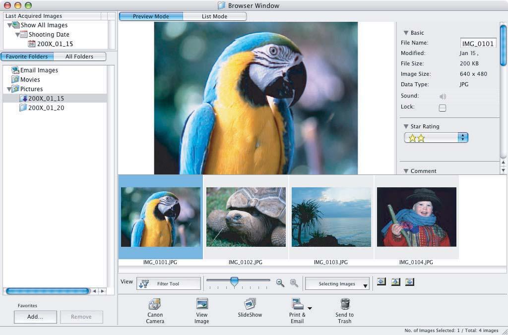 Browser Window ImageBrowser is a software program used for organizing, printing and editing the downloaded still images. To start ImageBrowser, click the [ImageBrowser] icon in the Dock.