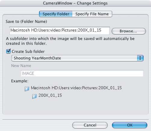 Settings for the folder and the subfolder for downloaded images Settings