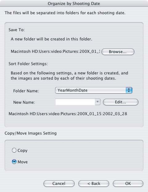 3 Specify the sort settings and click [OK]. The selected images are classified into the specific folder.