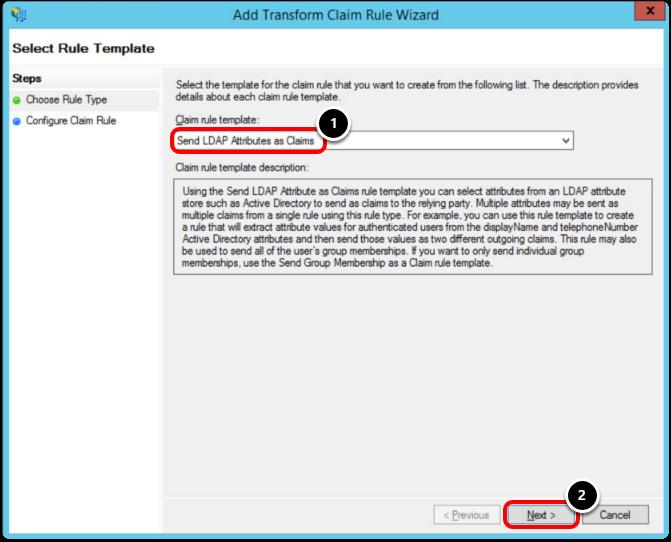 1. Select Send LDAP Attributes as Claims for the Claim Rule