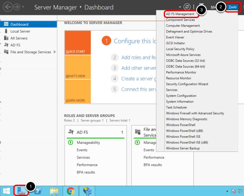 Log in to your AD FS server and: 1. Click the Server Manager icon from the taskbar. 2.