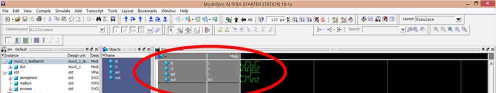 6. Navigating the simulation At this point you should have successfully run the simulation, but the waveform window is rather small and
