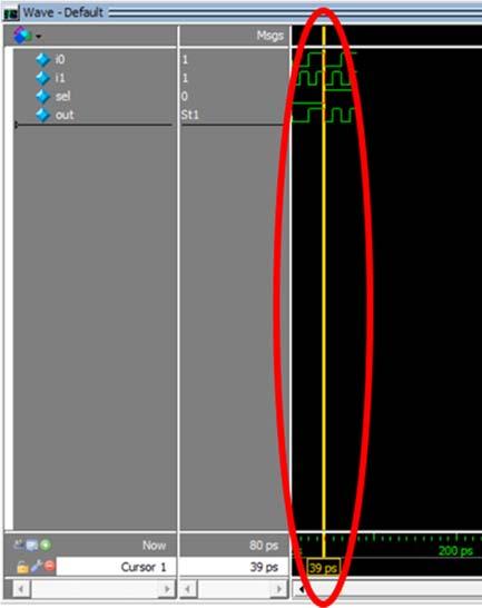 Left click on one of the green lines in the waveform viewer. The cursor moves to that location, and next to each signal name appears a 0 or 1 value.