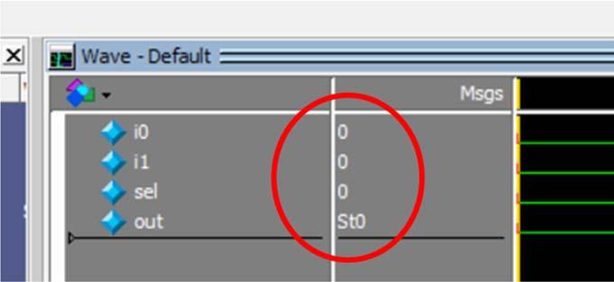 Left click in the waveform window at another point on the green waveforms. The cursor will jump to that position, and the Msgs field will update with the values of all signals.