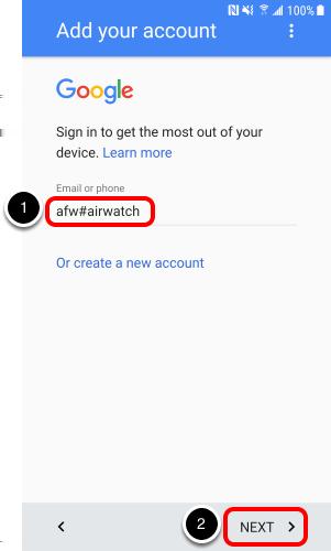 1. Enter afw#airwatch into the Email or phone text box to download the