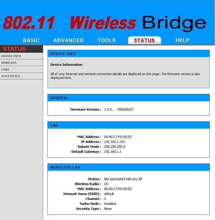 4.4 Status 4.4.1 Device Info All of your Internet and network connection details are displayed on the Device Info page. The firmware version is also displayed here.