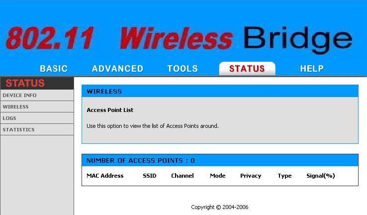 4.4.2 WIRELESS The wireless page allows you to view all the access points that can be heard by your wireless bridge. MAC Address The Ethernet ID (MAC address) of the access point.
