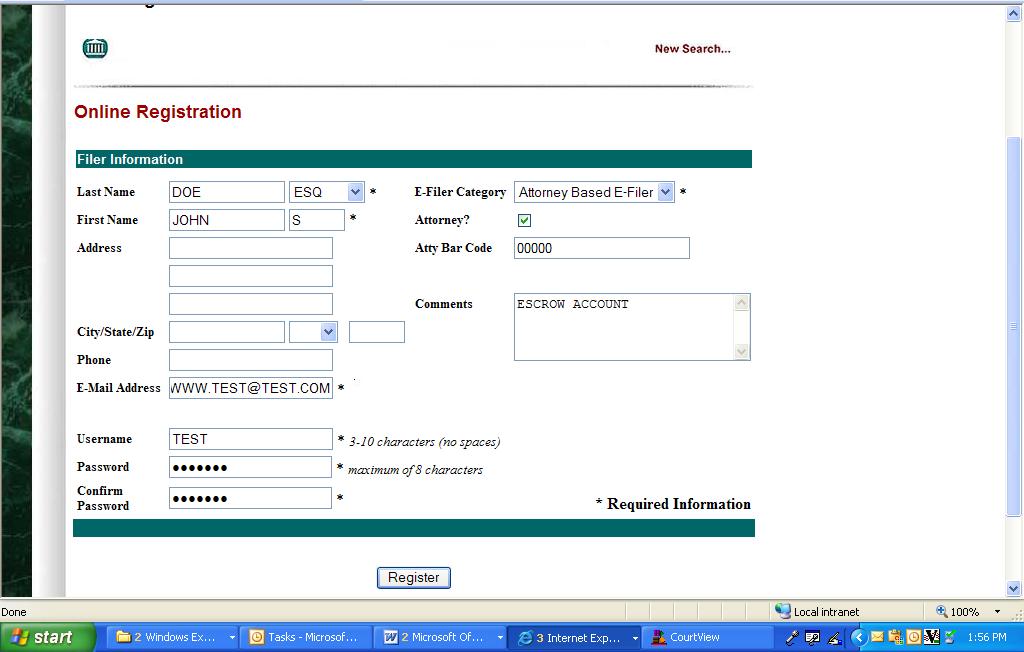 Online Registration screen. The attorney address used will be the most current default address in Court View.