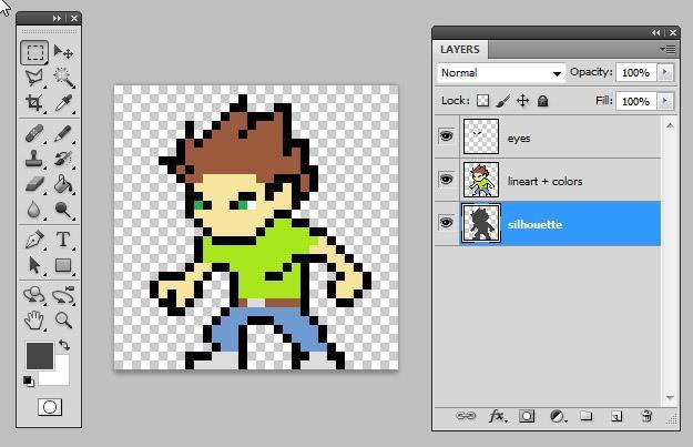) Good colour contrast makes your asset more definable Notice that I still didn t make any outline for clothes or hair. Always remember: save as many pixels as you can!