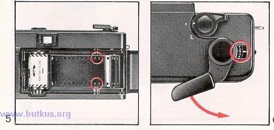 5. Depress the shutter release button, then operate the film winding lever until the figure (1) is set opposite the pointer in the frame counter window.
