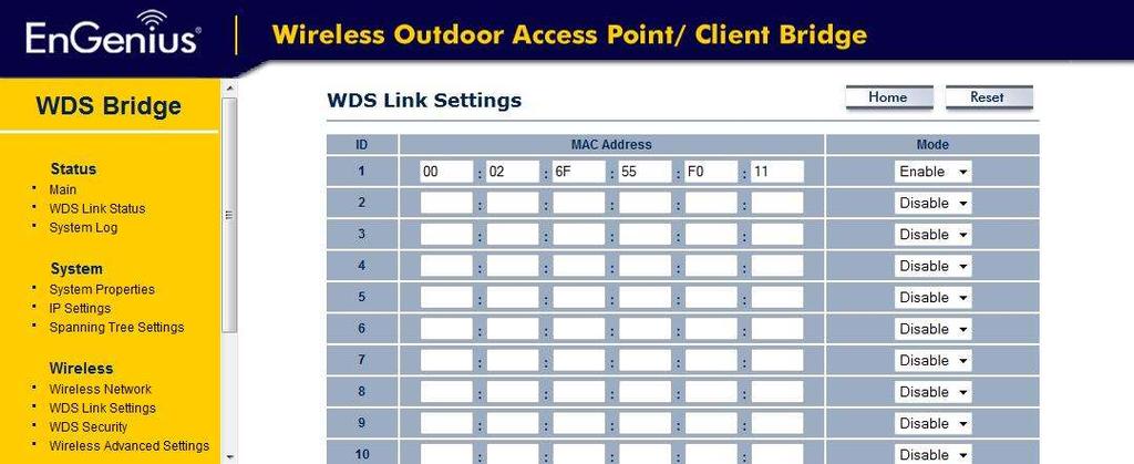 WDS Link Settings Click WDS Link Settings and change the mode setting to Enable.
