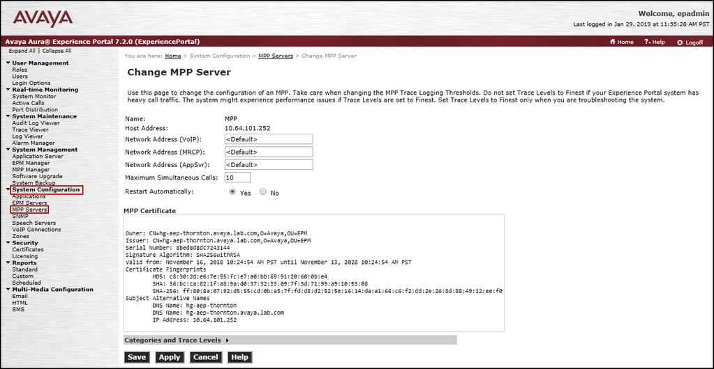 shown). Note that the Host Address used is the same IP address assigned to Experience Portal.