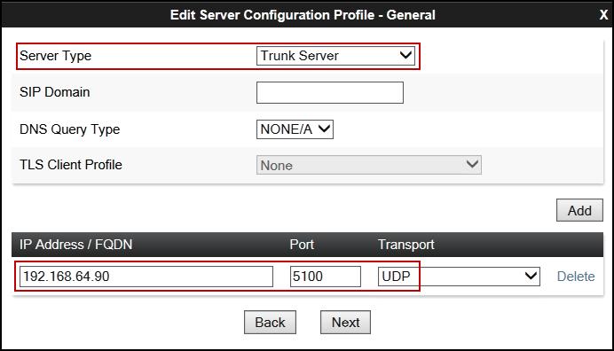 8.9.2. Server Configuration Profile Service Provider Similarly, to add the profile for the Trunk Server, click the Add button on the Server Configuration screen (not shown).