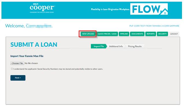 4. Click NEW UPLOAD to submit a loan.
