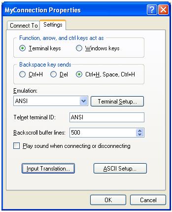 Configuring the terminal window Once communications are stopped, go to the Settings tab in MyConnection Properties menu. The parameters should be set as shown below. Figure 14.