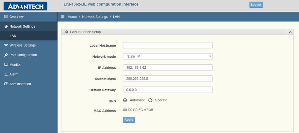LAN/WLAN Configuration on WebGUI Set static IP for the LAN/WLAN interface Click