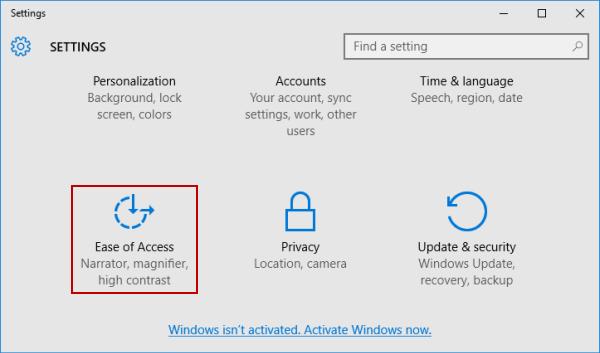Turn it on in Settings. Get into Settings. Choose Ease of Access. Windows 7, 8 and 10 Step 1 Under Explore all settings, Tab to or click to select Make the computer easier to see.