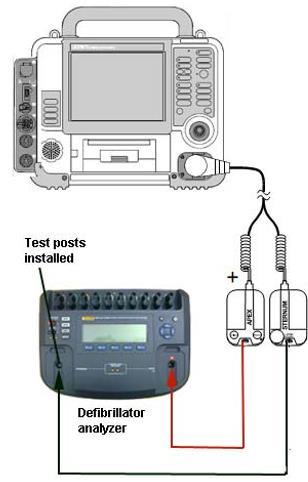 1.Connect the device to the Impulse 7000DP. Make sure the QUIK-COMBO (+) terminal is connected to apex (+). 2. Select Pacer button on Impulse 7000DP to measure pacing current.