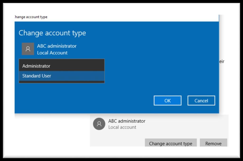 e Click Next, and verify the user is a Standard user by clicking the name and selecting Change account type. f g h i Select Add someone else to this PC. A dialog box will open.