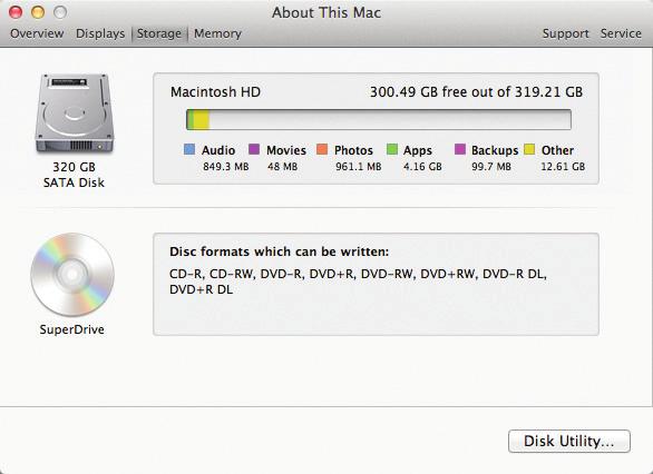 ...cont d Storage information This contains information about your Mac s physical and removable storage: Click on the