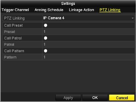 Set PTZ linking parameters and click OK to complete the settings of the alarm input. Note: Please check whether the PTZ or speed dome supports PTZ linkage.
