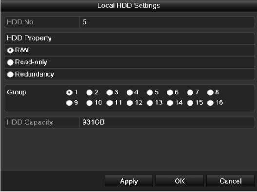Figure 10. 14 Set HDD Property 3. Set the HDD property to R/W, Read-only or Redundancy. 4. Click the OK button to save the settings and exit the interface. 5.