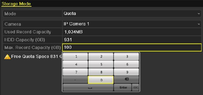 Select a camera for which you want to configure quota. 4. Enter the storage capacity in the text fields of Max. Record Capacity (GB), as shown in Figure 10.