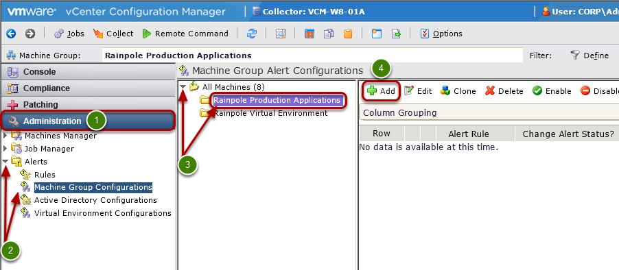 Add an Alert to the Rainpole Production Applications Machine Group 1. Click the Administration slider. 2.
