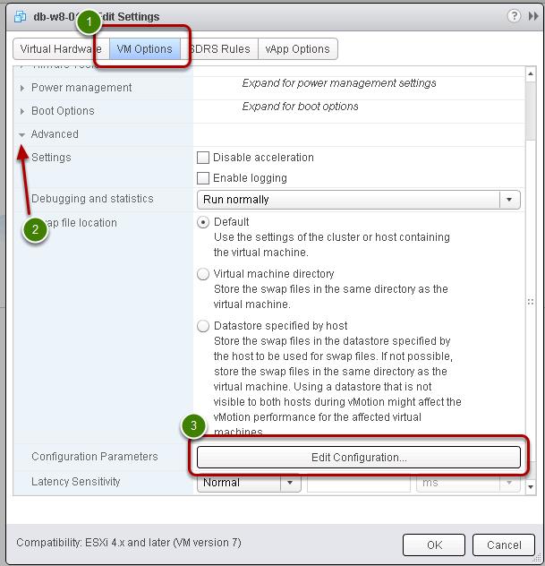 Select the Advanced VM Options 1. Click VM Options. 2. Expand the Advanced section. 3. Click Edit Configuration.