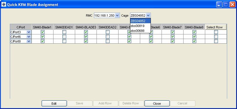 Figure 10 Quick KVM Blade Assignment Screen The RMC field provides a pull-down menu of the RMCs configured on the Switch Manager server.
