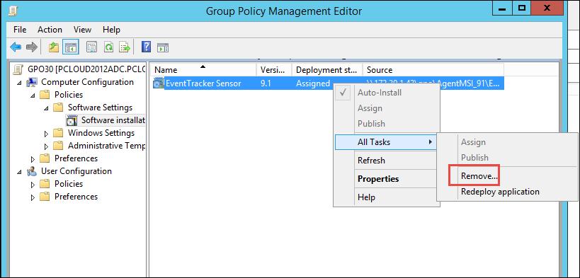 Uninstall EventTracker Sensor via GPO 1. Edit the linked Group Policy Object i.e (AgentMSI_91) and navigate to Policies>Software Settings>Software Installation and select the msi. 2.