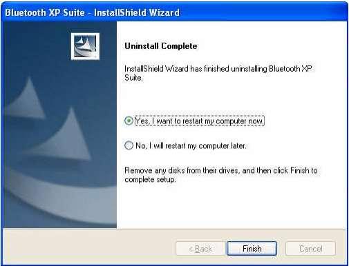 Choose start > All Programs > Bluetooth Suite > Uninstall Bluetooth Suite. The system prepares for uninstallation. A screen is briefly displayed that shows that it is ready to uninstall the program.