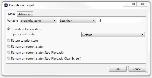 Click on the Advanced Tab Check Assign wildcard to variable in the dropdown menu on the right, select proximity-zone Step 5 - Set Conditional Target for transition to State 1 7.