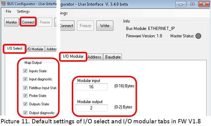 Connecting to a fieldbus module with FW V1.8, all available check boxes within the I/O select tab are selected.