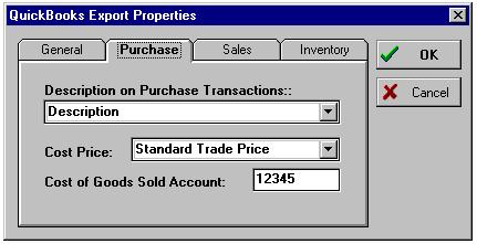 TRA-SER for Windows ~ Link Reference 6. The second tab on the Export Properties screen is Purchase information. Select the data to be transferred to the Description on Purchase Transactions.