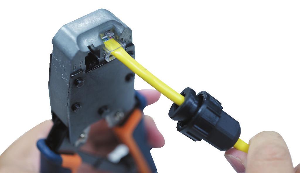 Step 4: Put the RJ45 connector in place with cable crimper. The standard RJ45 receptacle/connector There are 8 wires on a standard UTP/STP cable and each wire is color-coded.